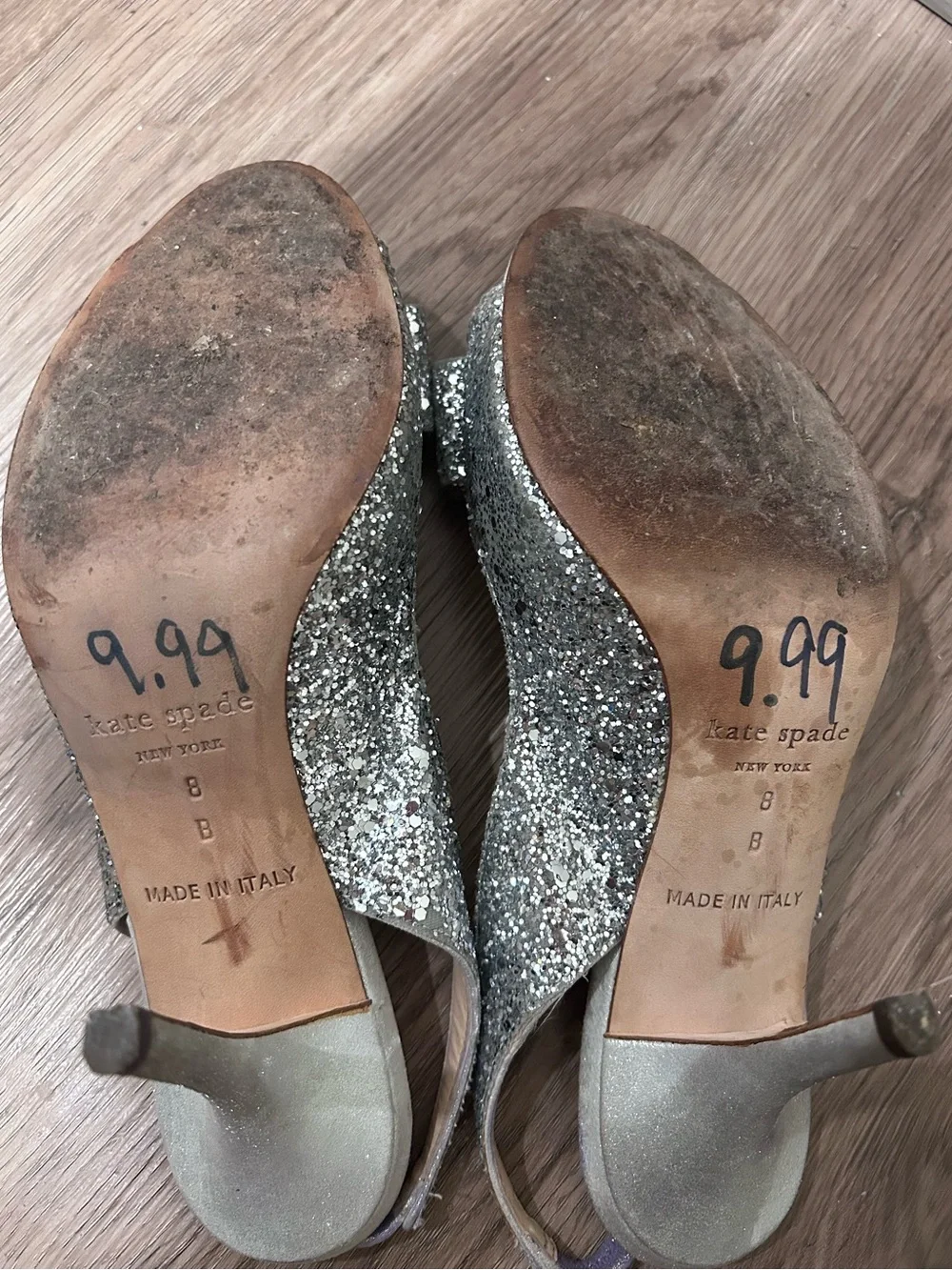 Kate Spade Silver Glitter Bow Peep-Toe Women's Heels